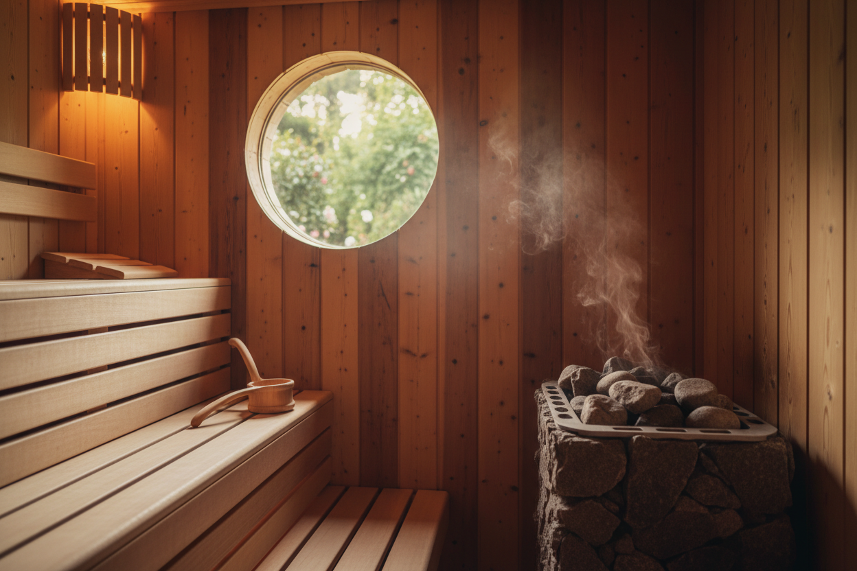 Garden Sauna Interior — Golden Hour